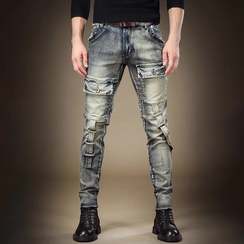 Stretch Jeans Men'S Trendy Slim-Fit Slimming Nostalgic Skinny Pants With Holes Stitching Pleated Mecha Men'S Pants - Image 2